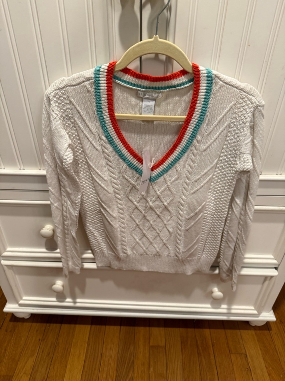 White V-Neck Cable Knit Sweater with Red and Teal Stripe Trim